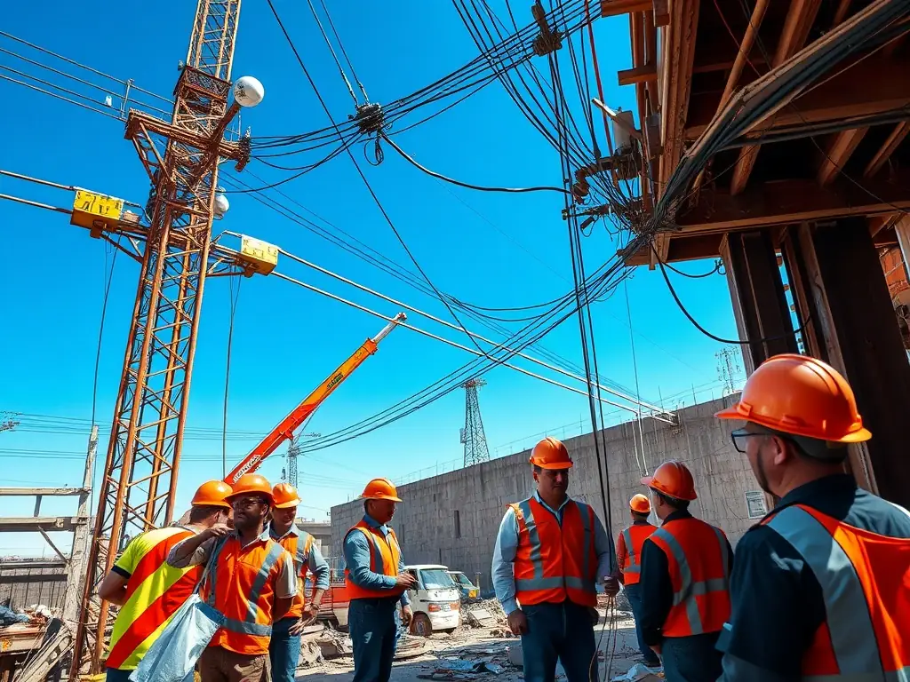 A construction site with workers wearing safety gear, focusing on a new safety technology being implemented.