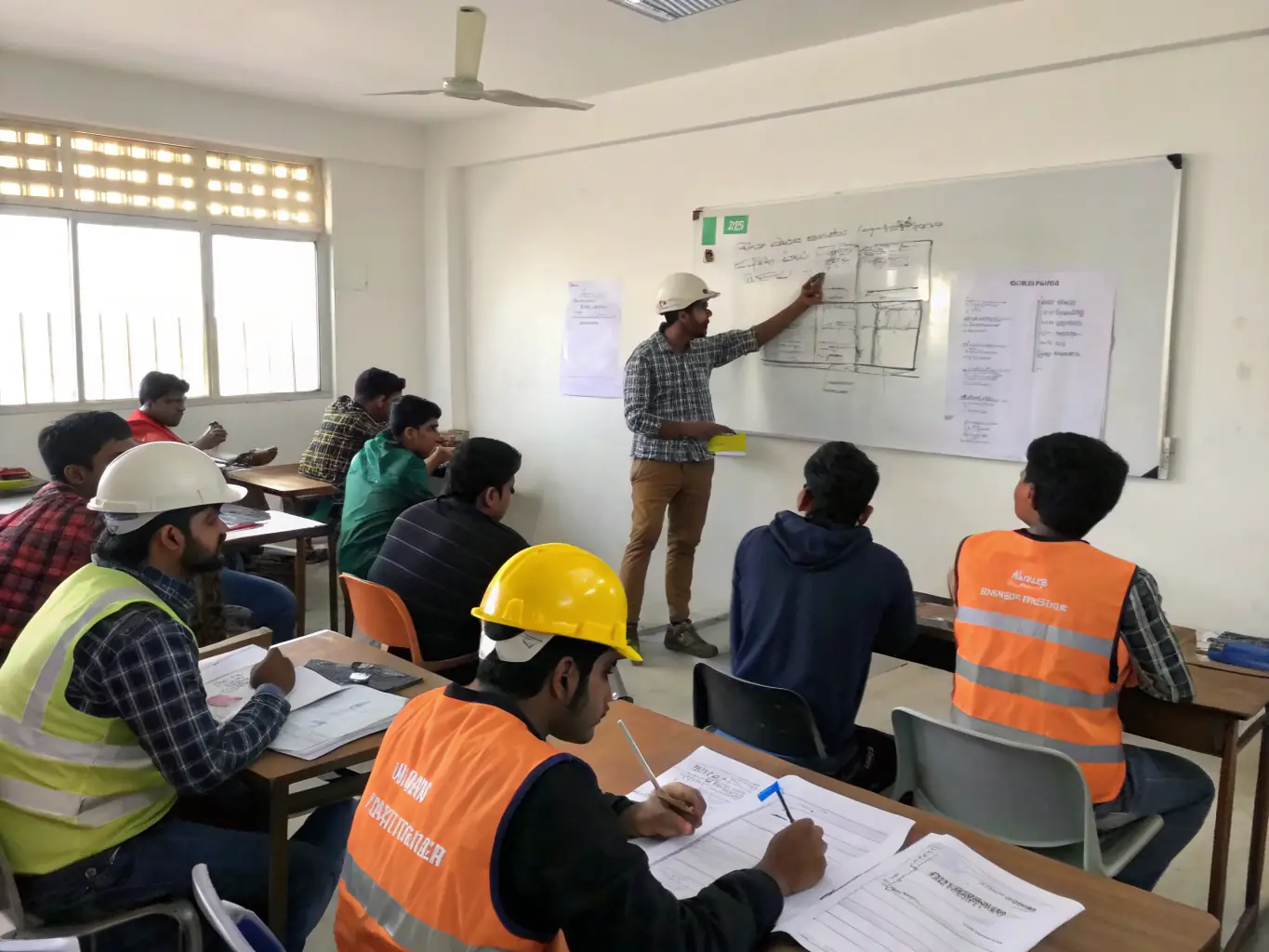 A training session for construction workers, emphasizing the importance of safety protocols and best practices.