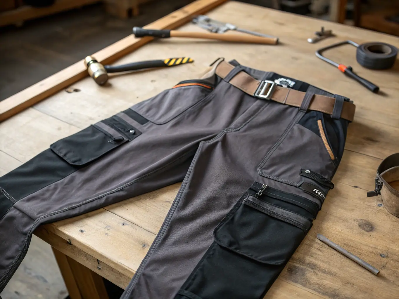 A construction worker wearing ONYA workwear, specifically reinforced trousers, kneeling on a construction site, inspecting a foundation. The focus is on the durability and flexibility of the trousers.